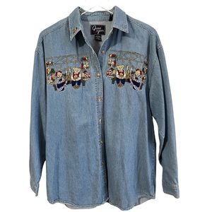 Vintage Let's Quizz Again Womens Large Christmas Bears Denim Button Down